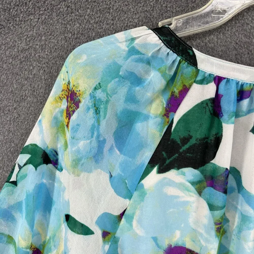 Calvin Klein Blouse Womens Medium Blue Floral Split Neck Chain Tassel Sheer‎ - Picture 15 of 16